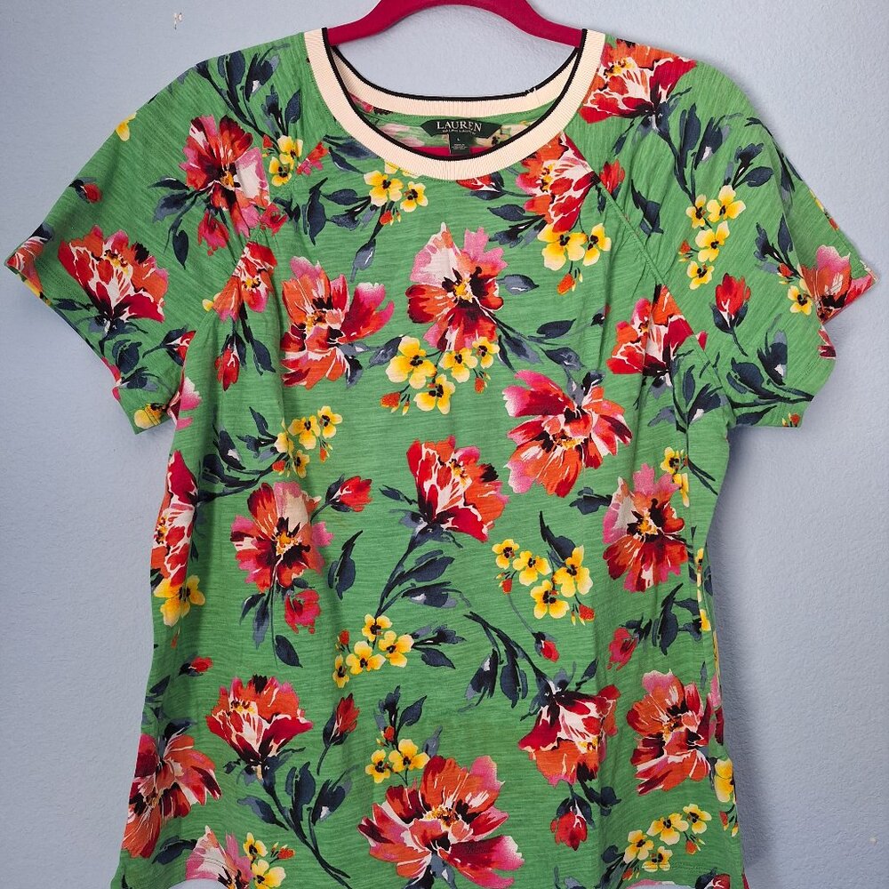 Lauren Ralph Lauren green  floral  cotton top size L